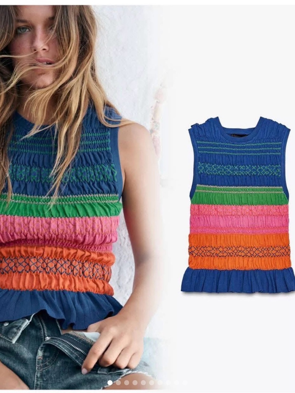 Zara Navy, Green, Pink & Orange Smocked Tank Top